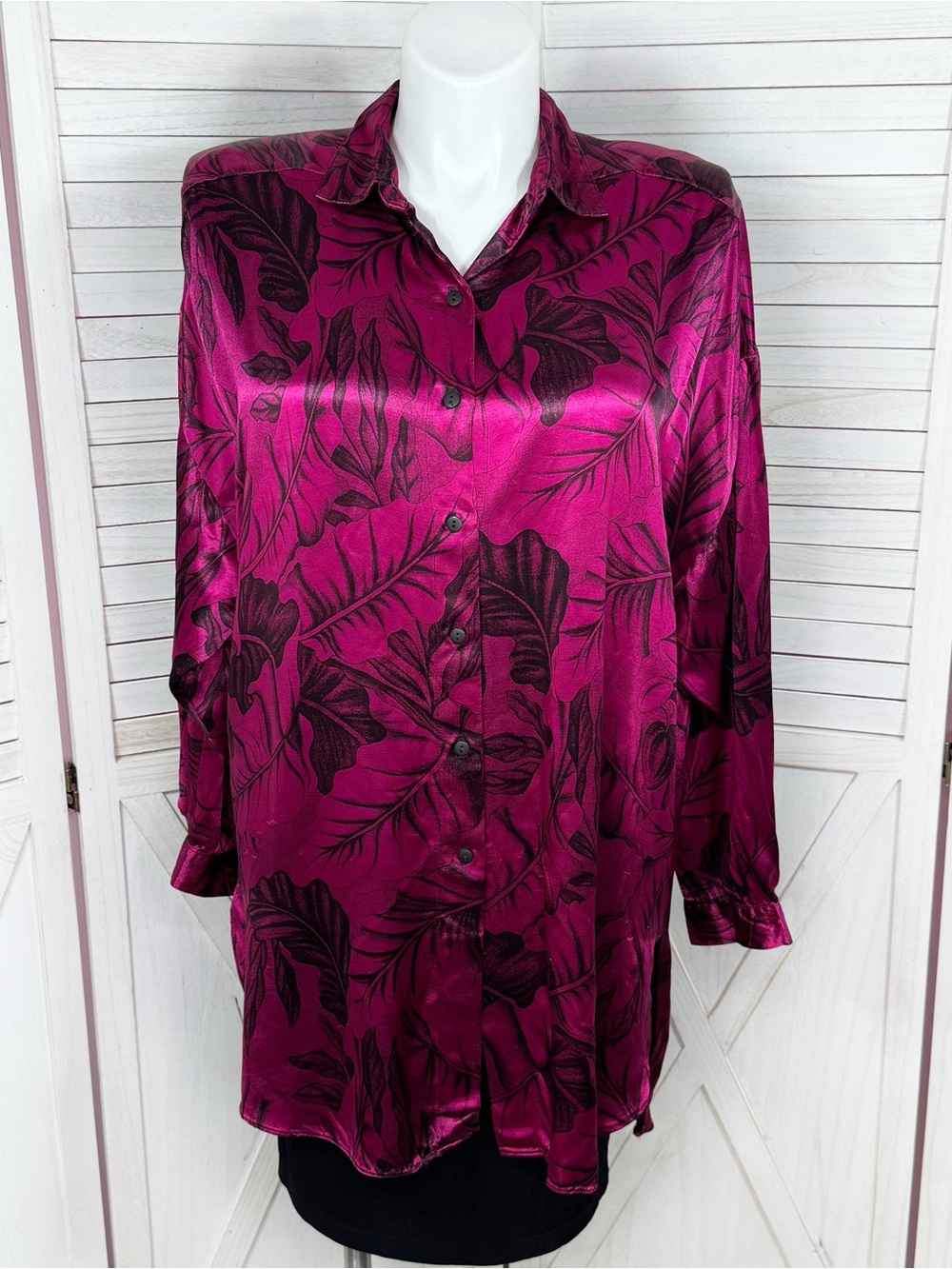 Vintage 80s‎ J. Ellis Floral Satin Oversized Button Up Blouse Magenta Black 18